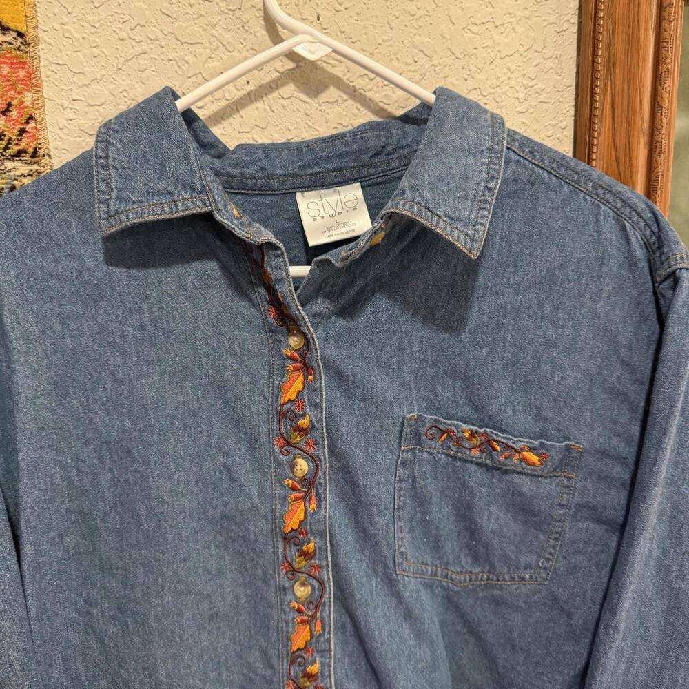 Vintage 90s Style Studio Denim Chambray Fall Pumpkin Autumn Shirt Size Large - Picture 3 of 7